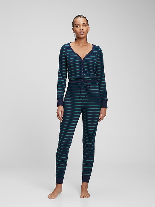 1 of 8 showing, with the color navy blue & green stripe of product Ribbed V-Neck One-Piece