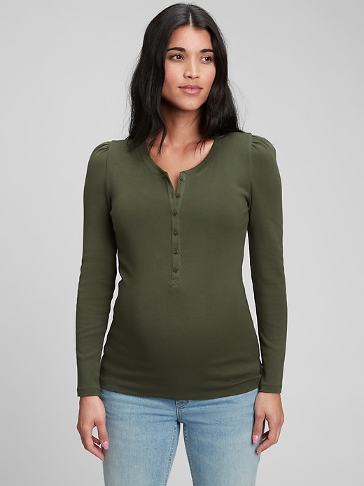 1 of 8 showing, with the color chives green of product Maternity Modern Henley Crewneck T-Shirt