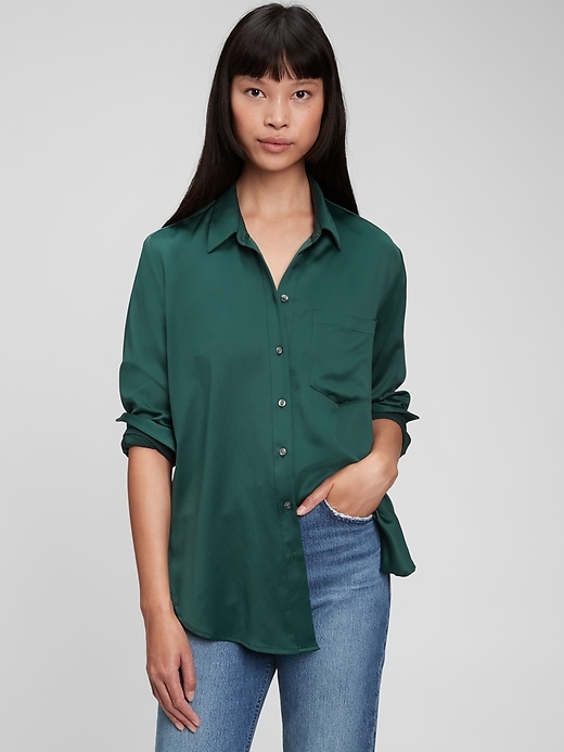 1 of 8 showing, with the color essex green of product Satin Button-Front Shirt