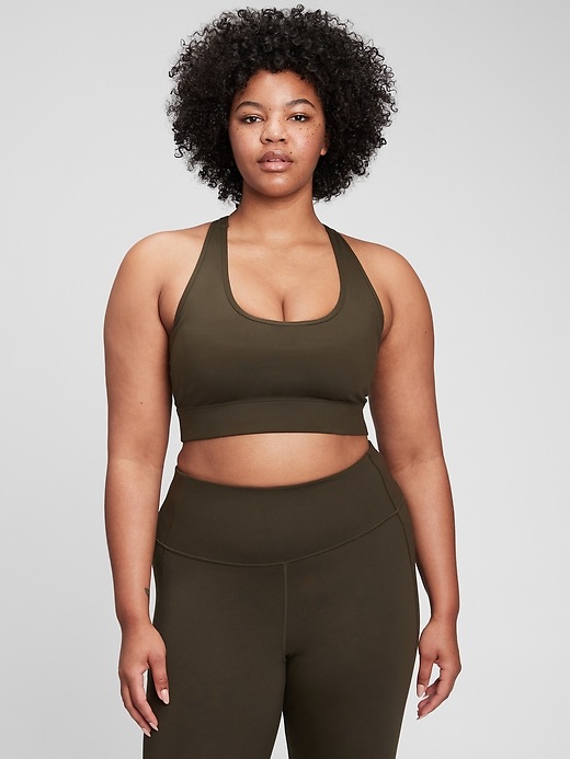 1 of 8 showing, with the color moss green of product GapFit Power Racer Cut Sports Bra