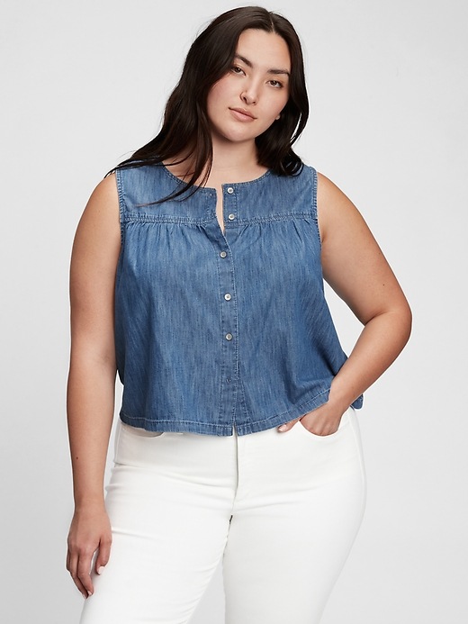 1 of 8 showing, with the color medium indigo of product 100% Organic Cotton Sleeveless Button-Front Top