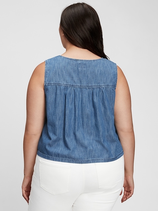 2 of 8 showing, with the color medium indigo of product 100% Organic Cotton Sleeveless Button-Front Top