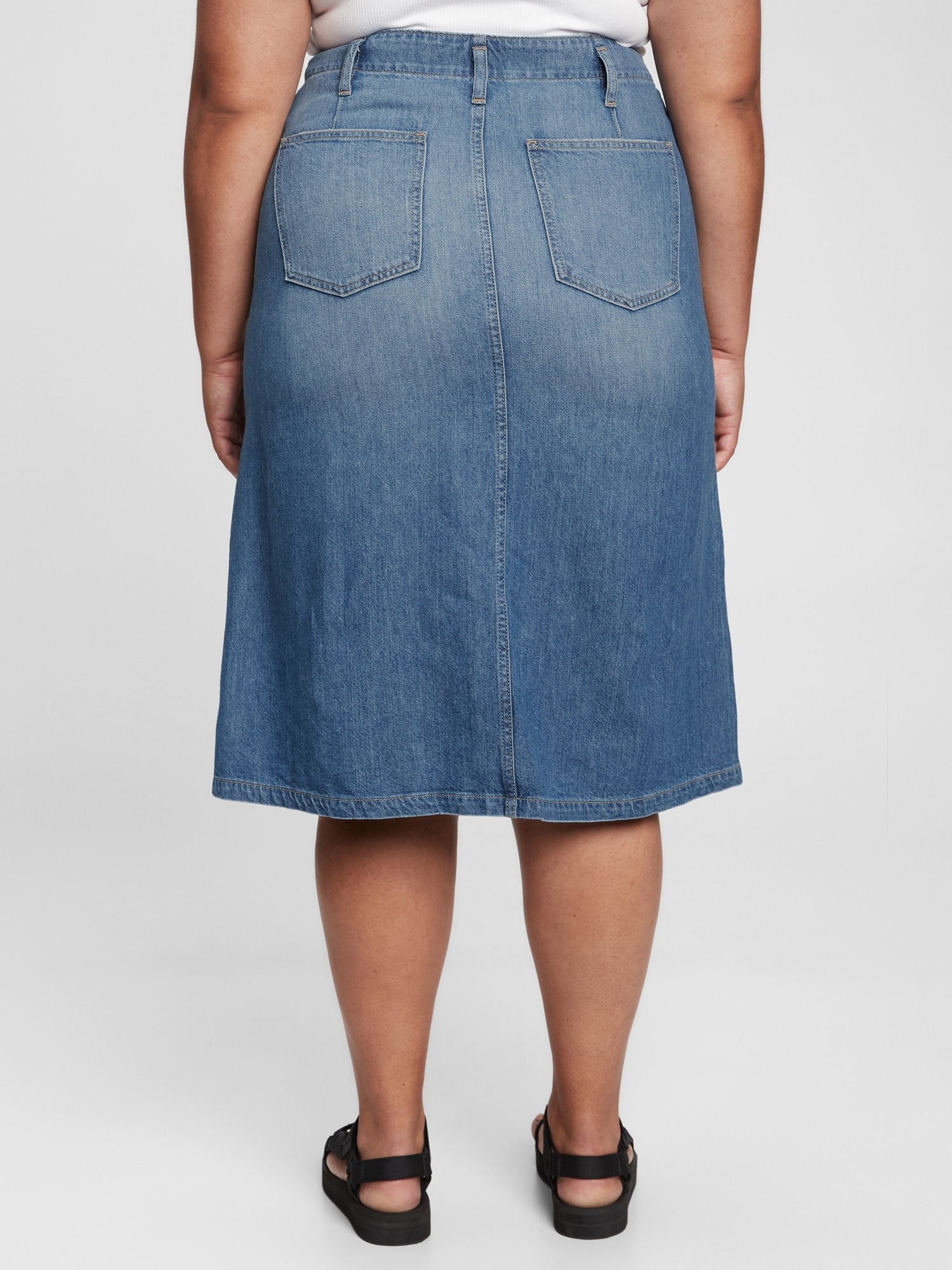 gap high rise denim midi skirt
