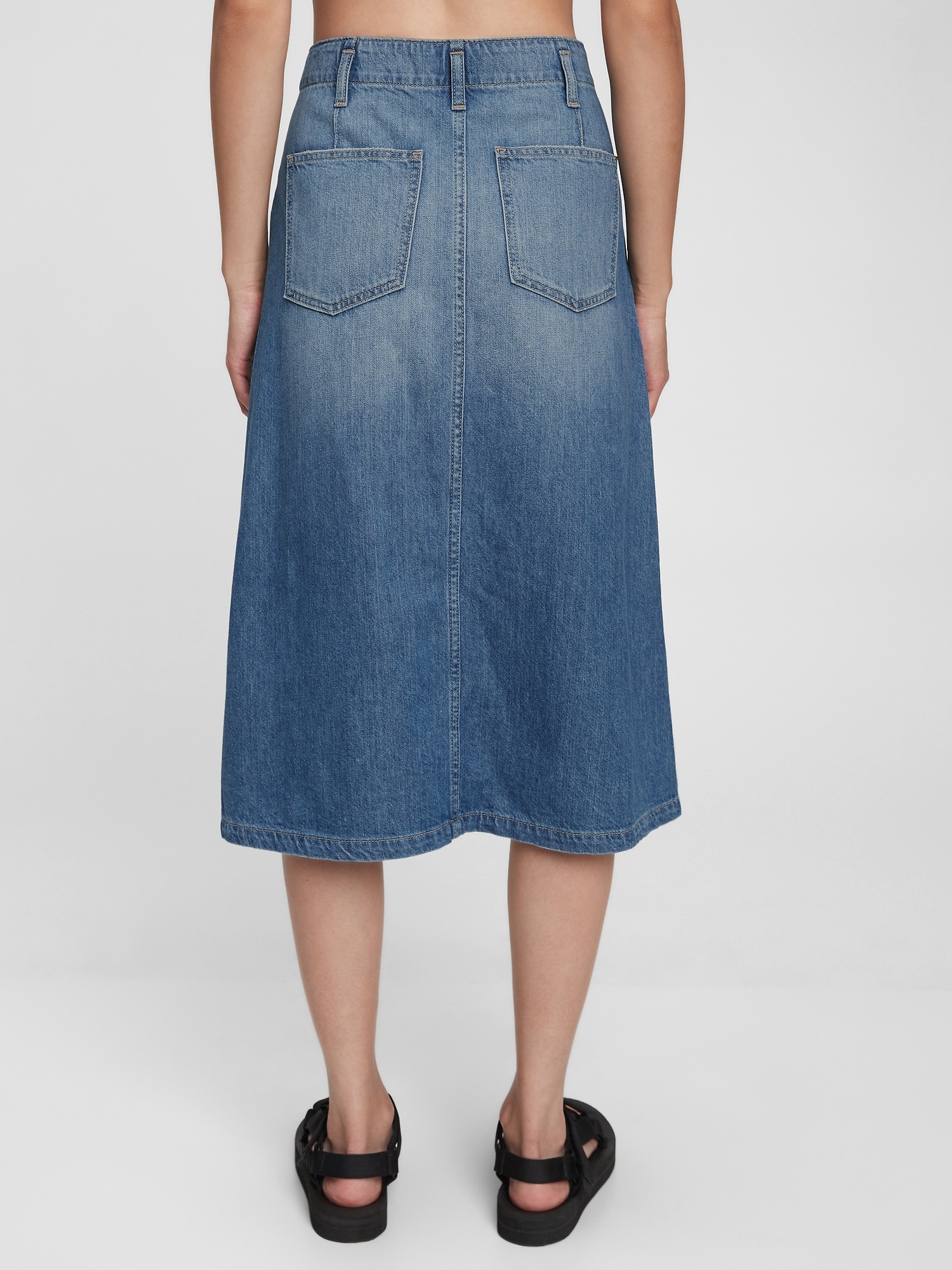 gap high rise denim midi skirt