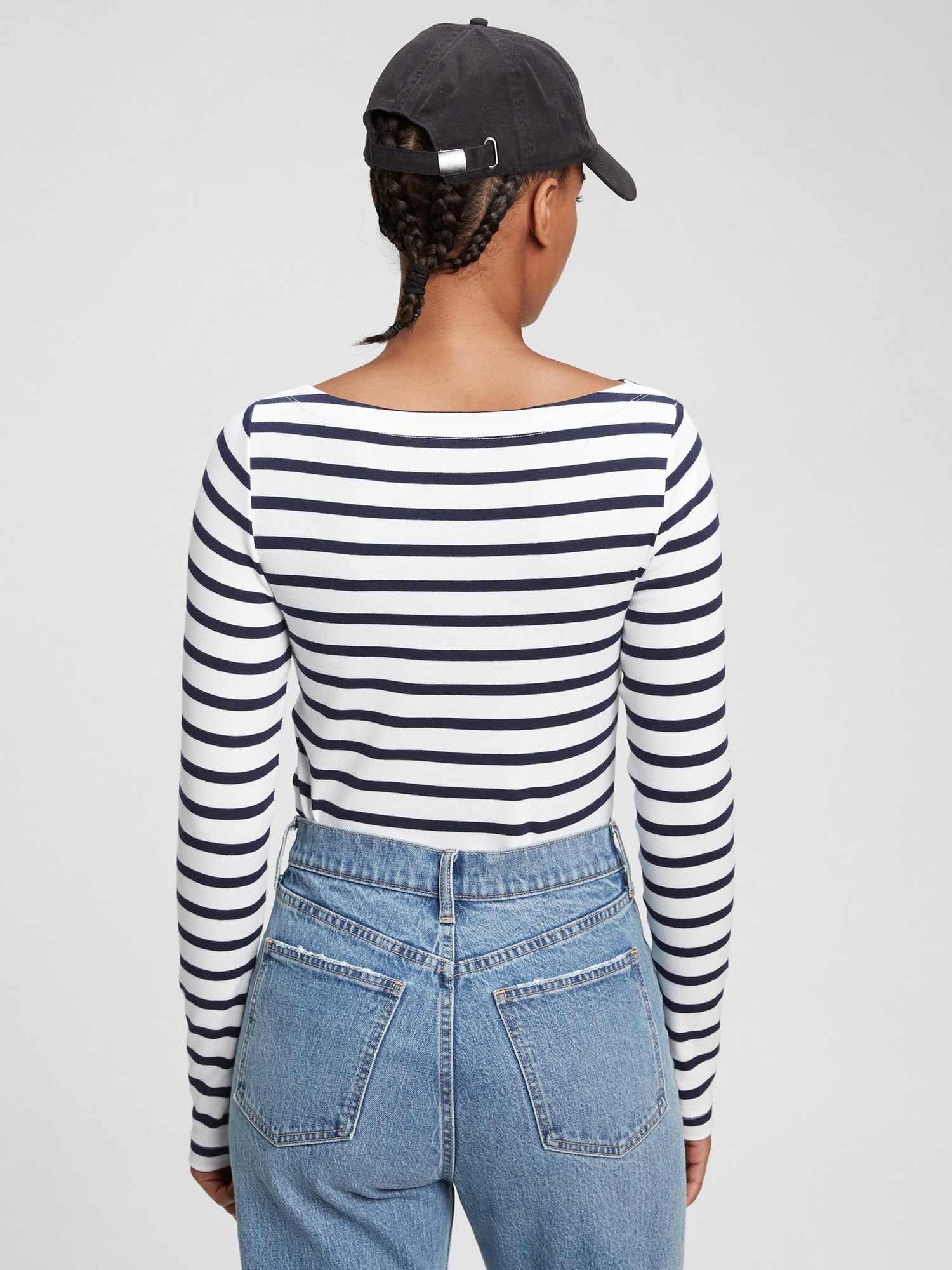 navy and white striped boatneck shirt
