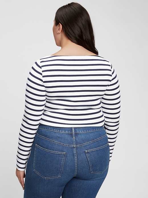 2 of 8 showing, with the color navy blue & white stripe of product Modern Long Sleeve Stripe Boatneck T-Shirt