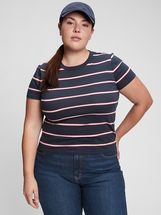1 of 8 showing, with the color navy blue, red, & white stripe of product 100% Organic Cotton Vintage T-Shirt