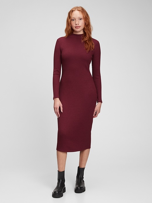 1 of 8 showing, with the color red delicious of product Ribbed Mockneck Midi Dress