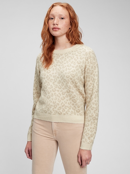 1 of 8 showing, with the color off white leopard print of product Leopard Print Luxe Crewneck Sweater
