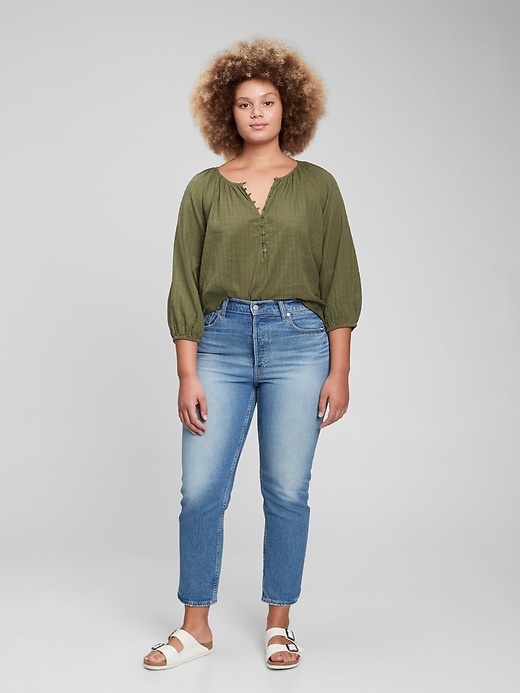 1 of 8 showing, with the color army jacket green of product Three-Quarter Sleeve Button-Front Top