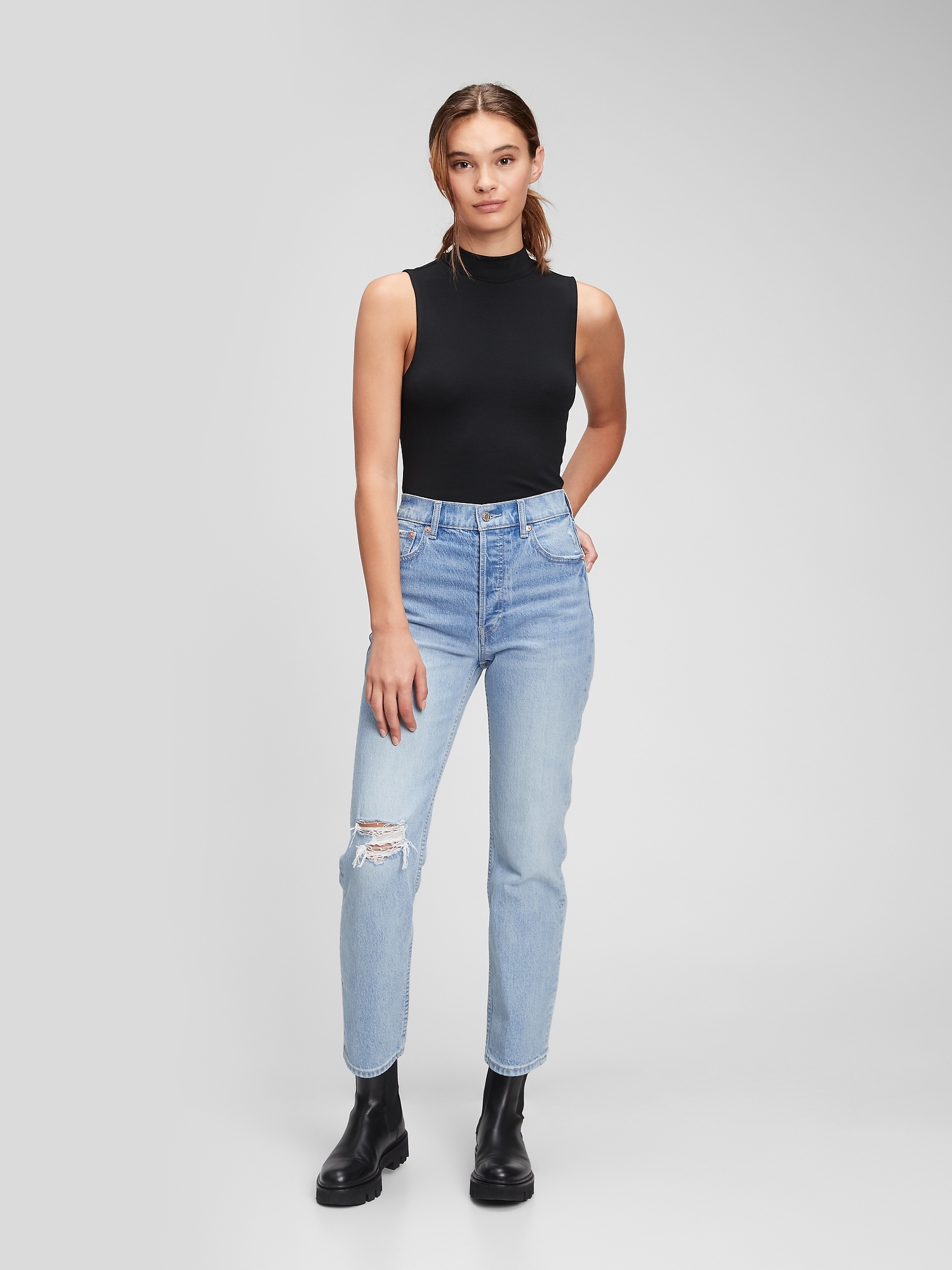 Gap High Rise Destructed Cheeky Straight Jeans With Washwell In Light Wash