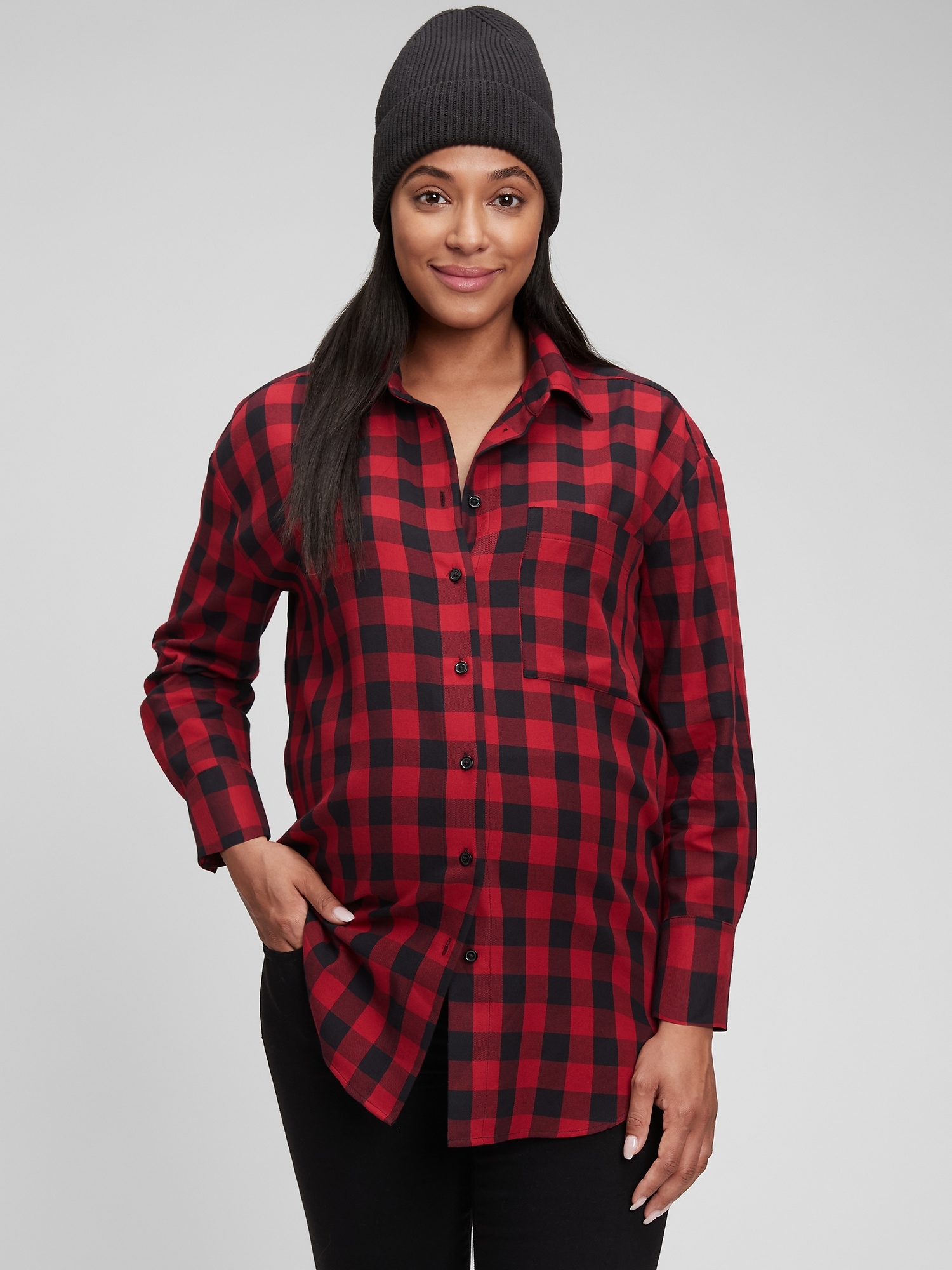 red buffalo plaid maternity shirt