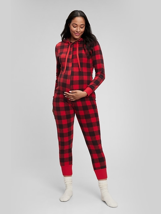 1 of 8 showing, with the color red buffalo plaid of product Maternity Flannel One-Piece
