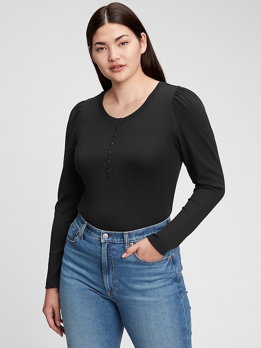 1 of 8 showing, with the color true black of product Modern Henley Long Sleeve T-Shirt