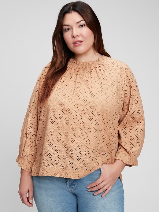 1 of 8 showing, with the color deerfield brown of product Eyelet Three-Quarter Sleeve Top