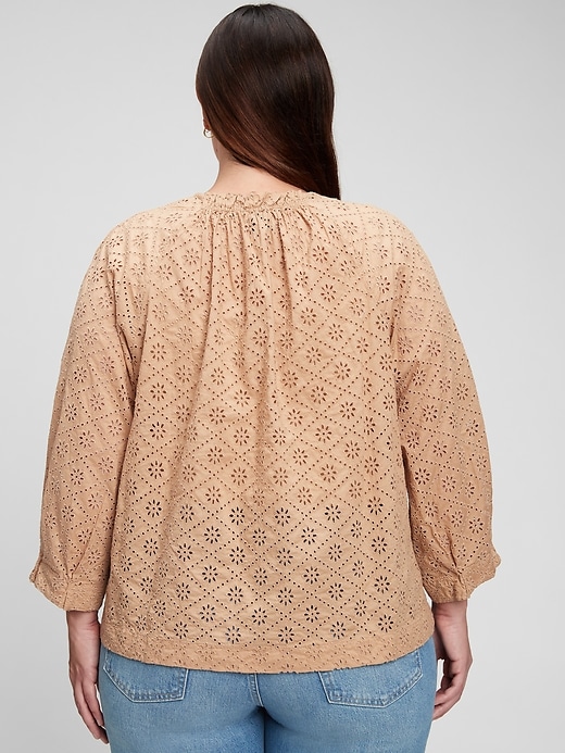 2 of 8 showing, with the color deerfield brown of product Eyelet Three-Quarter Sleeve Top