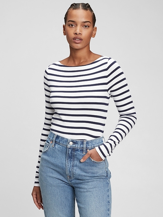 1 of 8 showing, with the color navy blue & white stripe of product Modern Long Sleeve Stripe Boatneck T-Shirt