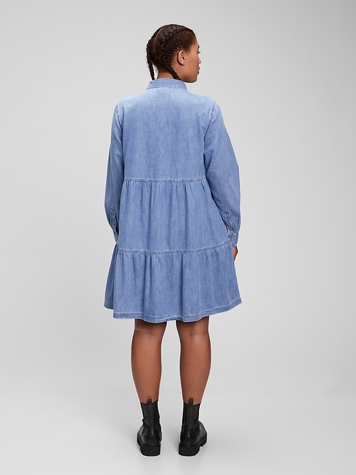 2 of 8 showing, with the color medium indigo of product Tiered Denim Shirtdress