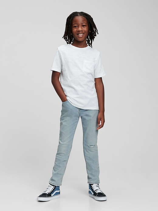 2 of 8 showing, with the color light wash of product Kids Distressed Easy Taper Jeans with Washwell