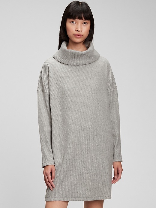 1 of 8 showing, with the color heather grey of product Ribbed Cowl-Neck Dress