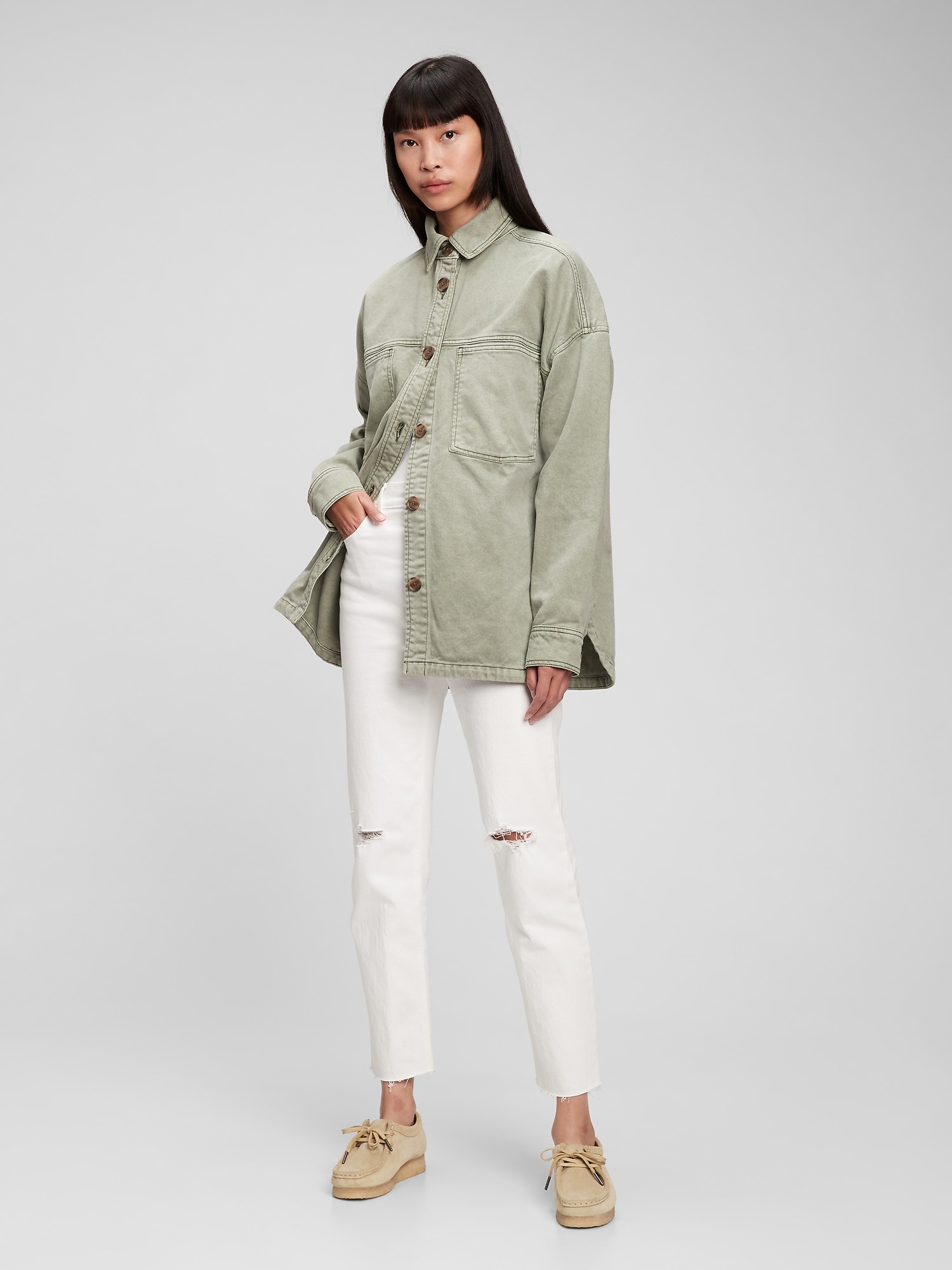 Gap Oversized Khaki Shirt Jacket With Washwell In Douglas Fir Green