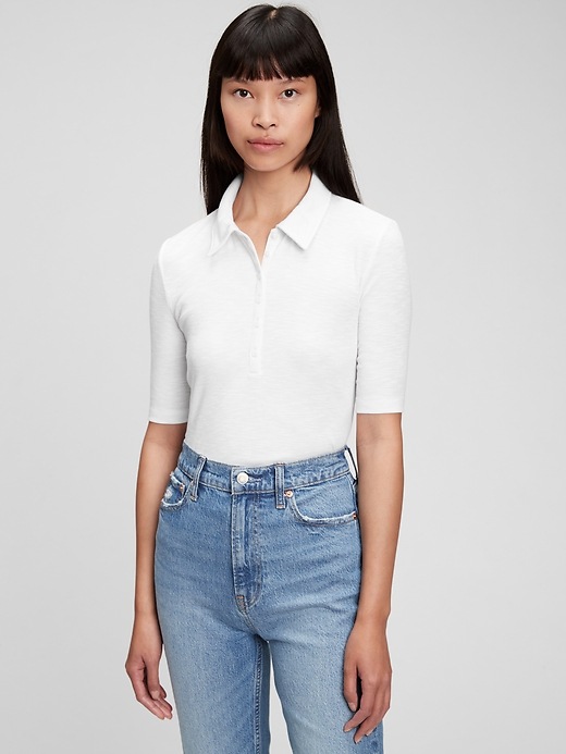 1 of 8 showing, with the color optic white of product Ribbed Henley Polo T-Shirt