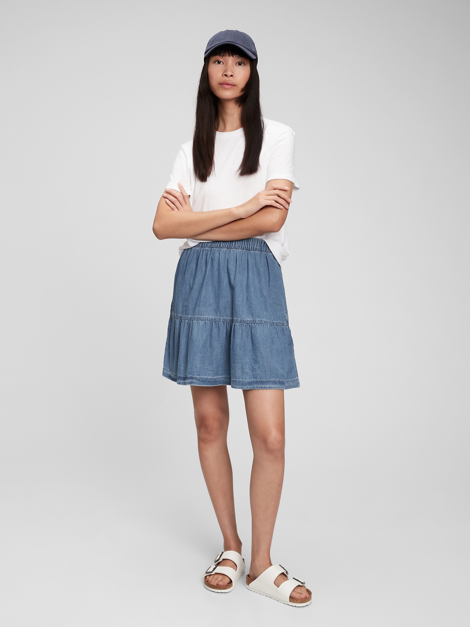 pull on denim mini skirt