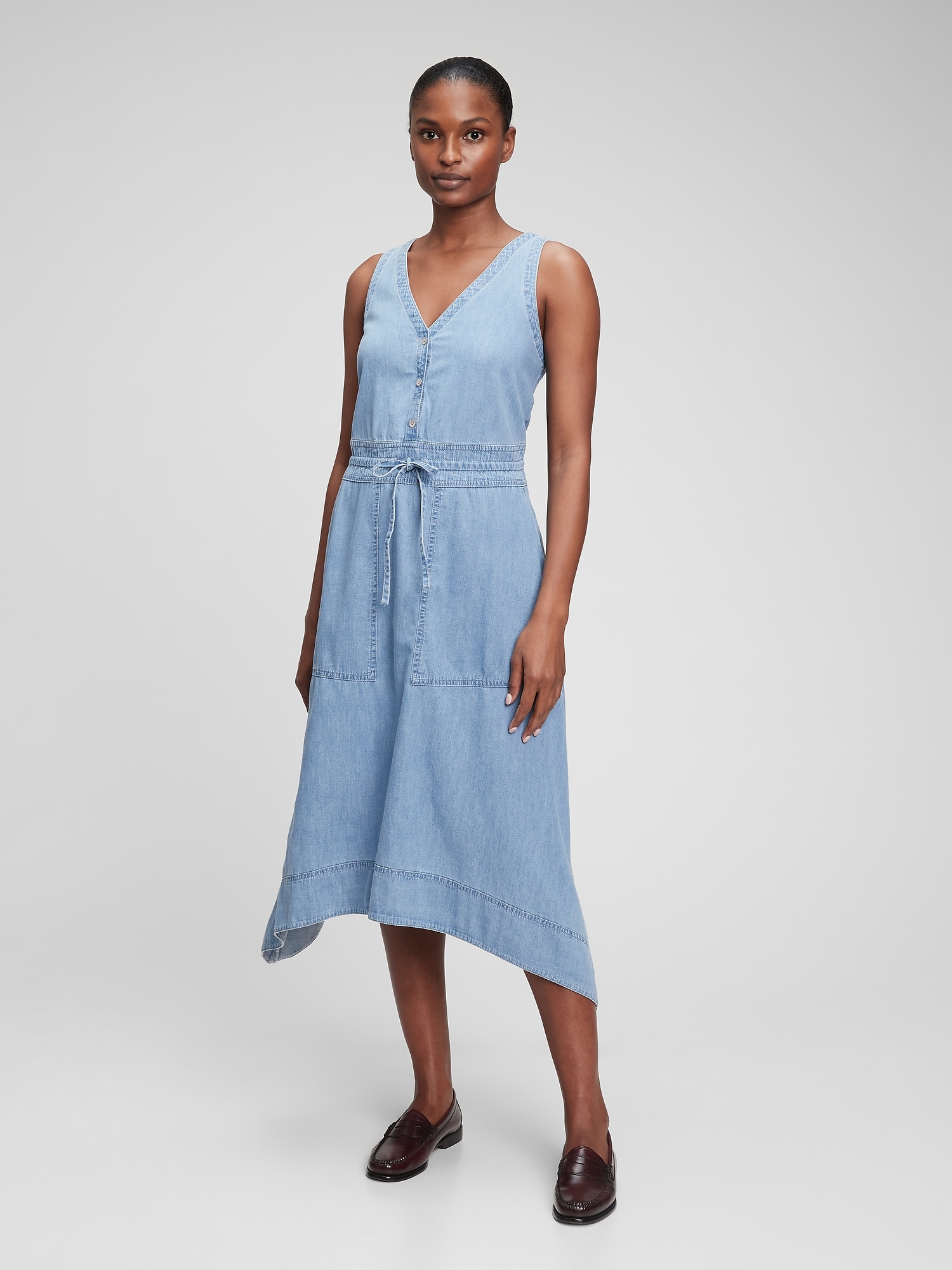 Tie-Waist Midi Denim Dress with 