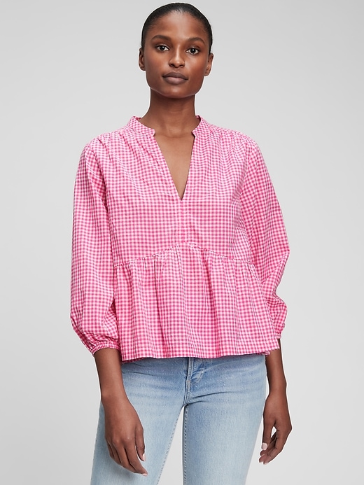 1 of 8 showing, with the color pink gingham of product Printed Peplum Top