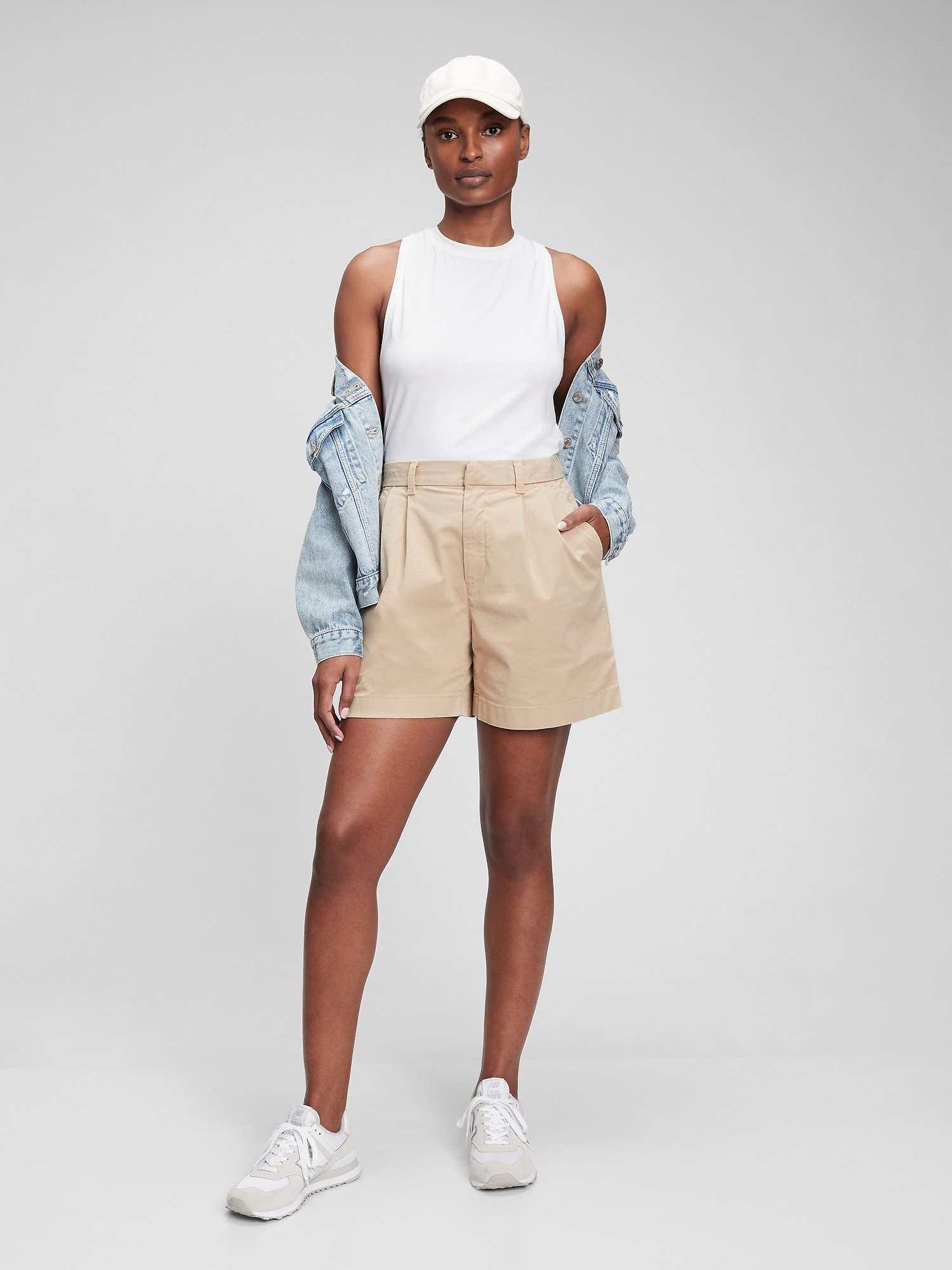 High Rise Pleated Khaki Shorts with Washwell | Gap