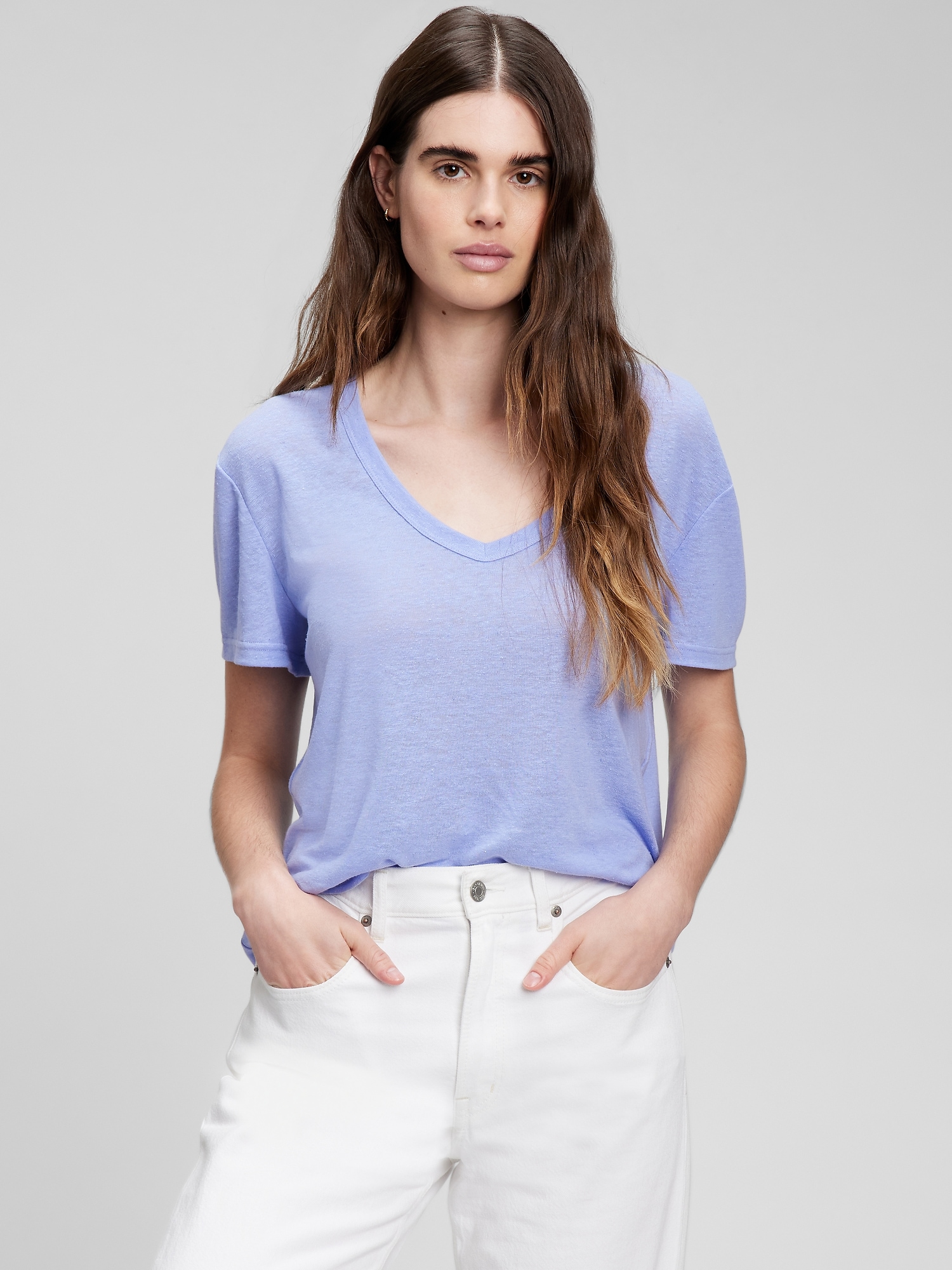 Gap Linen Blend V-neck T-shirt In Blue