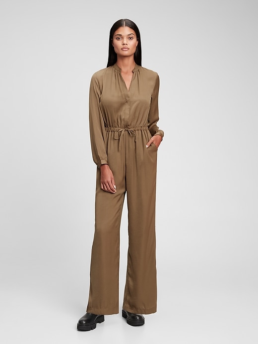 1 of 8 showing, with the color caper green of product Satin V-Neck Jumpsuit