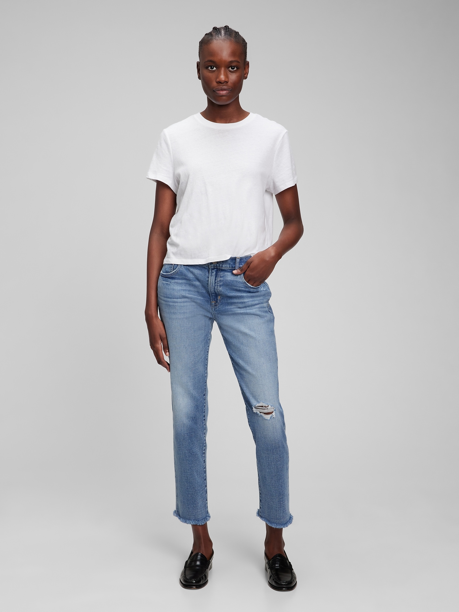 Gap Mid Rise Girlfriend Jeans Washwell In Destroy | ModeSens
