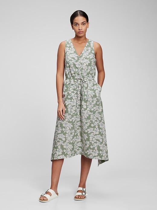 1 of 8 showing, with the color sage green floral of product Tie-Waist Midi Dress