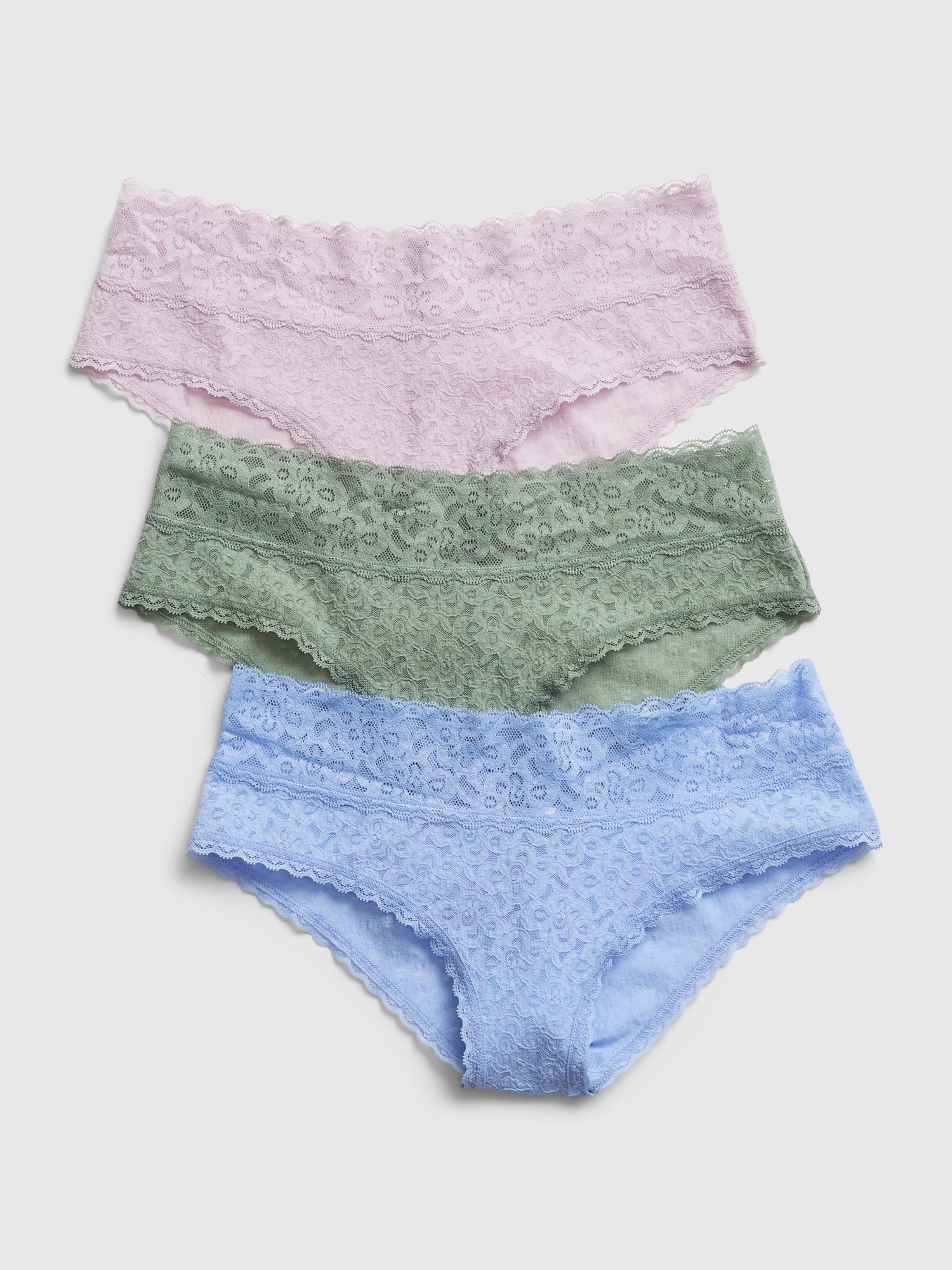 Gap Lace Cheeky (3-pack) In Purple Lilac/ Sage Green/ & Light Blue