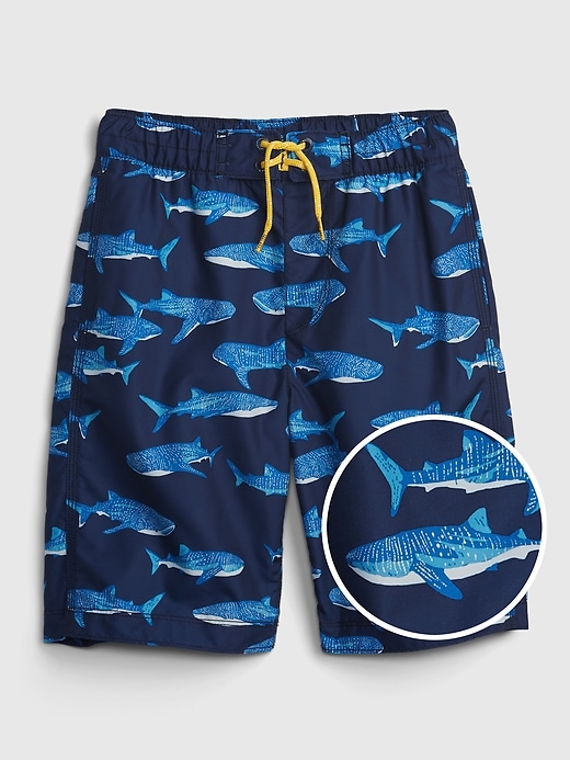 1 of 8 showing, with the color BLUE SHARK of product Kids Recycled Polyester Camo Swim Board Shorts