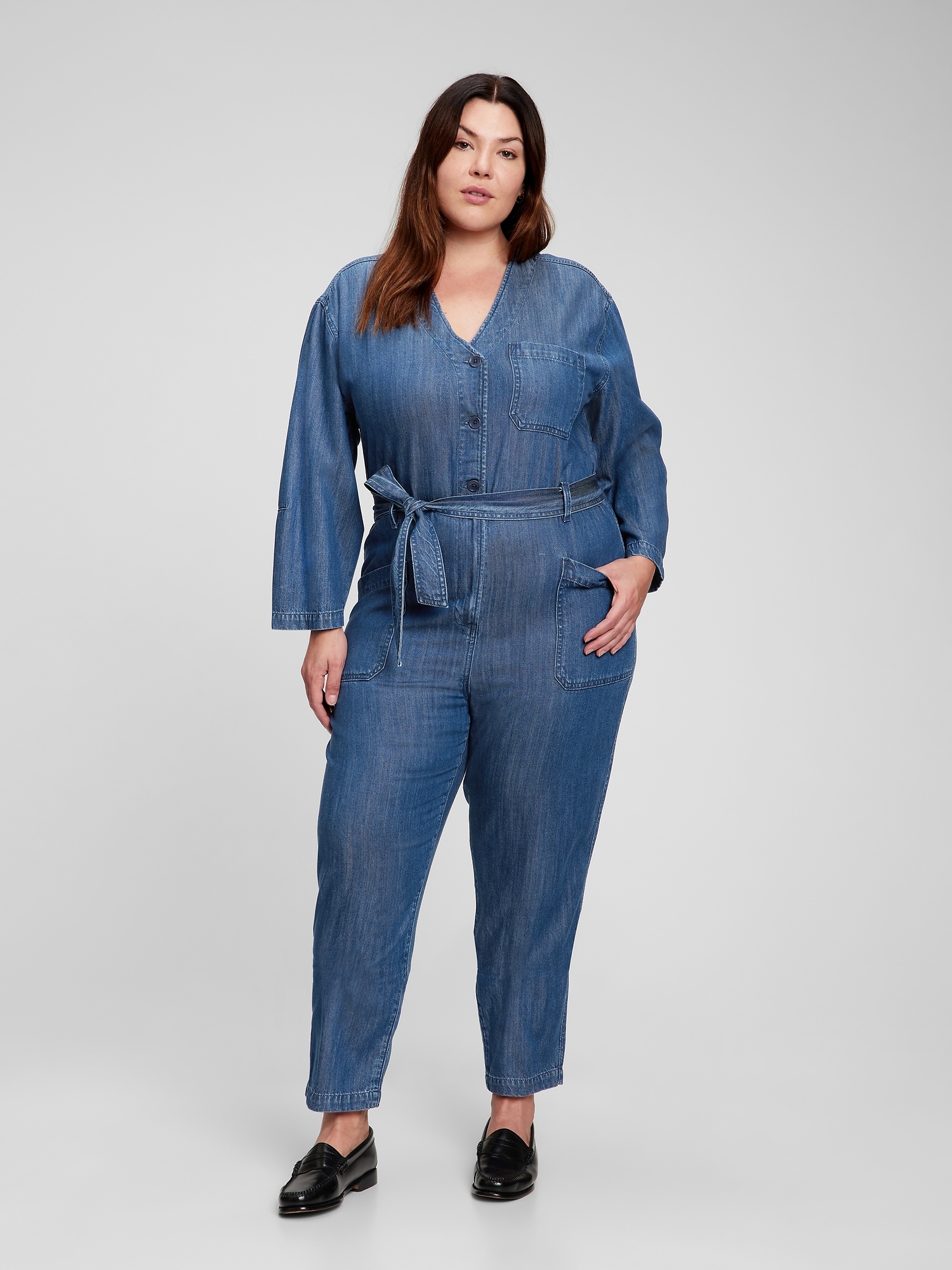 v neck denim jumpsuit
