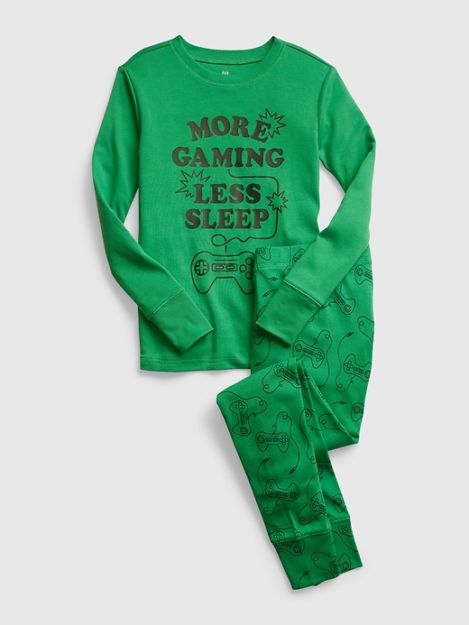 1 of 8 showing, with the color parrot green of product Kids 100% Organic Cotton Gamer Print PJ Set