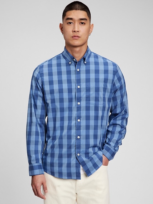 1 of 8 showing, with the color medium gingham blue of product All-Day Poplin Shirt in Untucked Fit