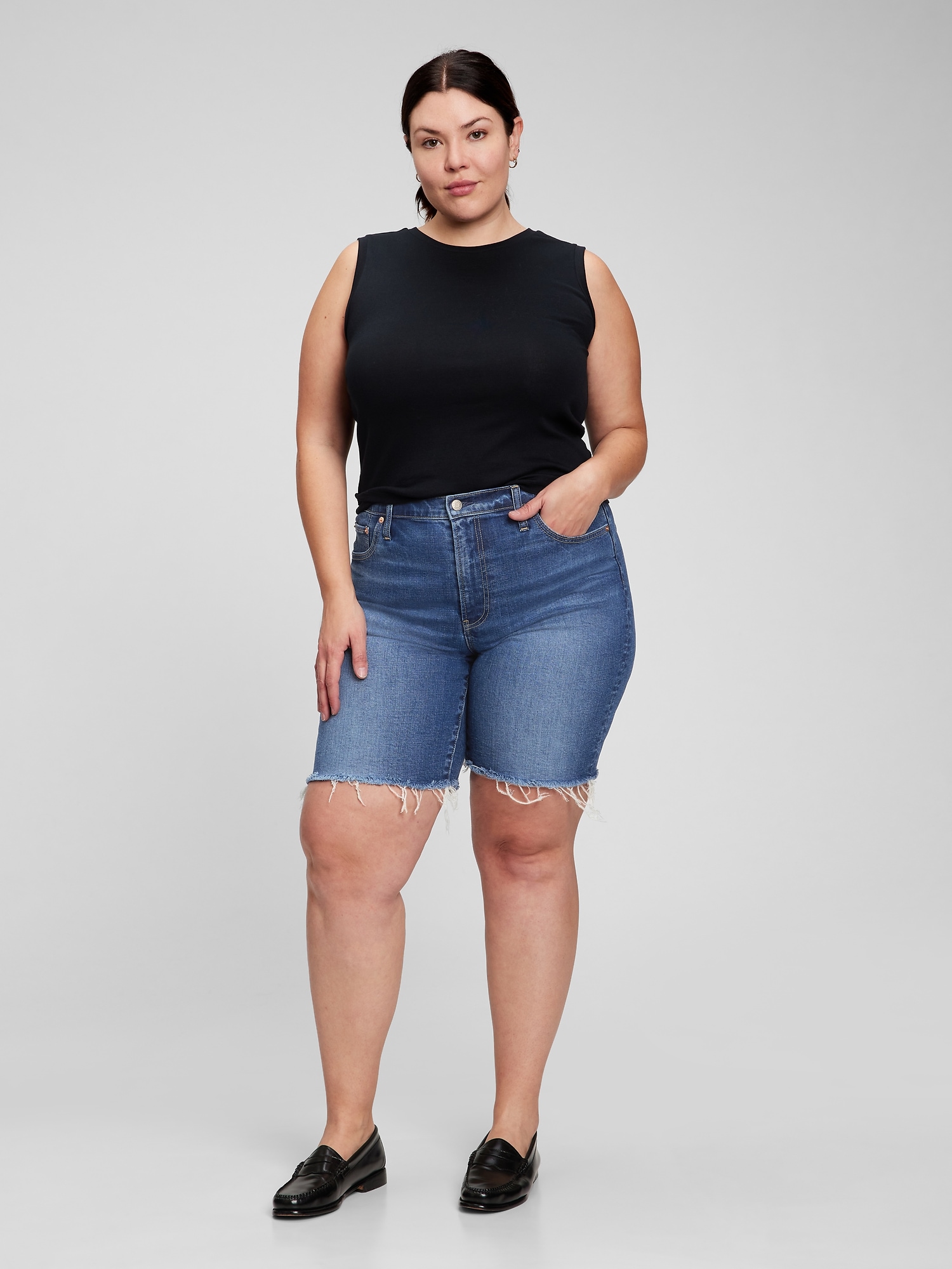 9" High Rise Denim Bermuda Shorts