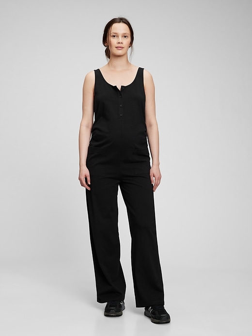 1 of 8 showing, with the color true black of product Maternity Knit Button-Front Jumpsuit