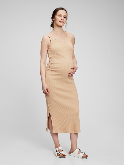 beige shapewear dress Momyknows Beige Knitted High Neck Casual Daily Oversized Maternity Photoshoot Baby Shower Mini Dress Beige / L