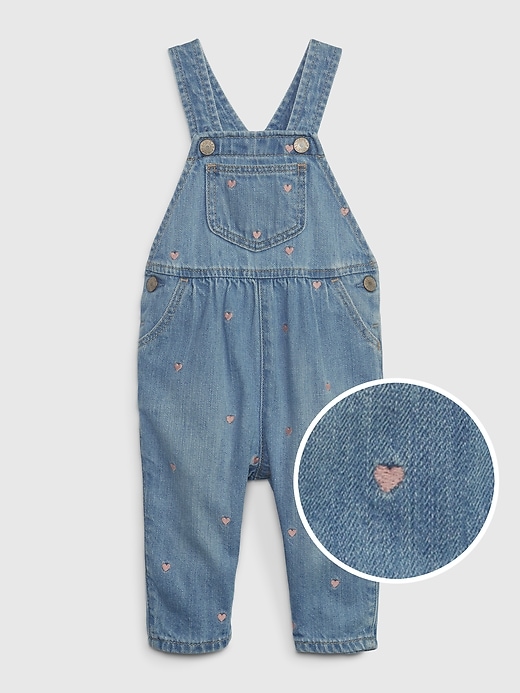 1 of 8 showing, with the color denim 616 of product Baby 100% Organic Embroidered Heart Overalls with Washwell