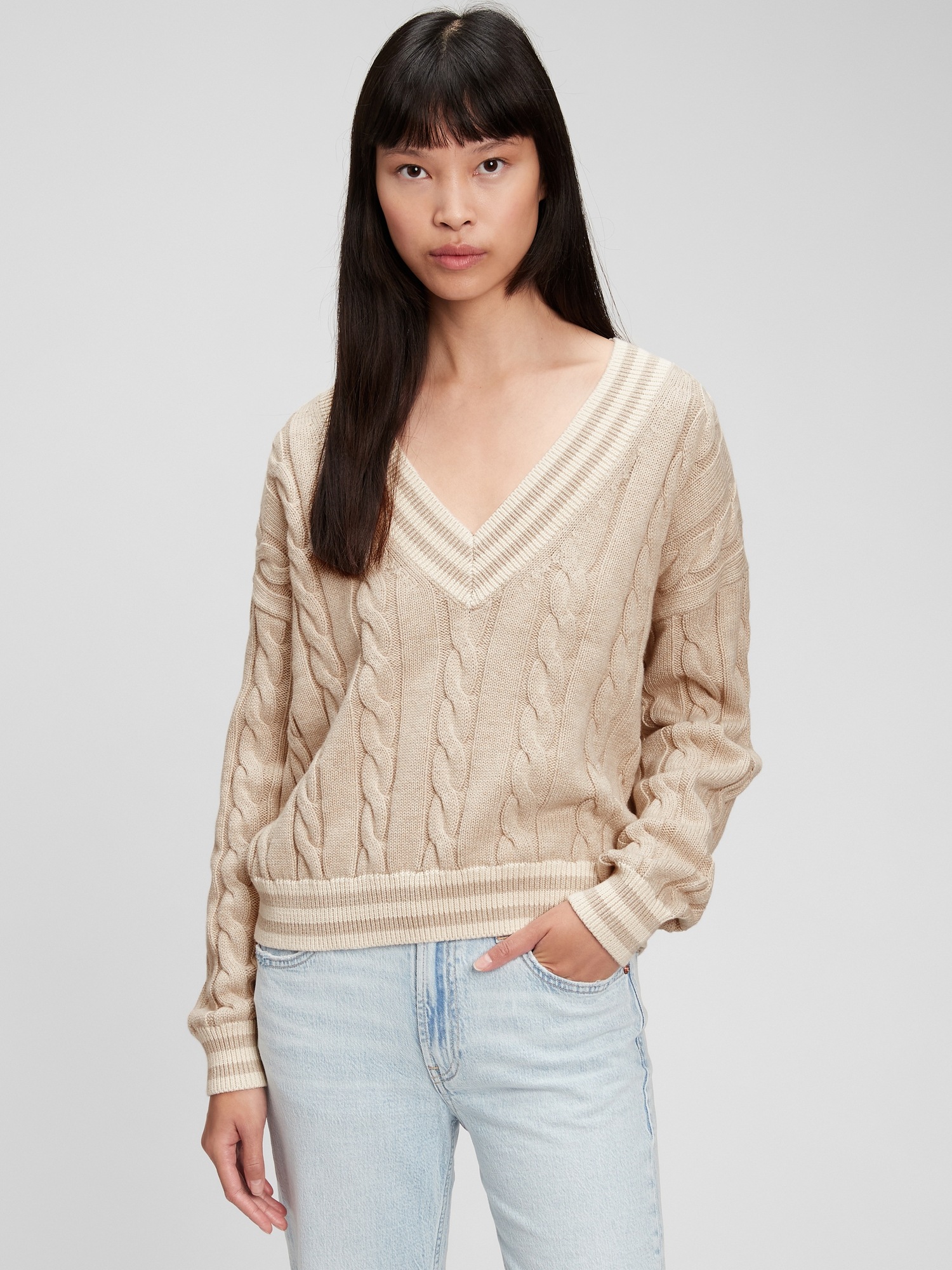 Varsity VNeck Cable Knit Sweater Gap