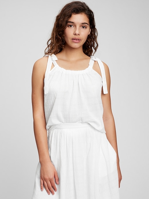 1 of 8 showing, with the color optic white of product Crinkle Gauze Tie-Shoulder Tank Top