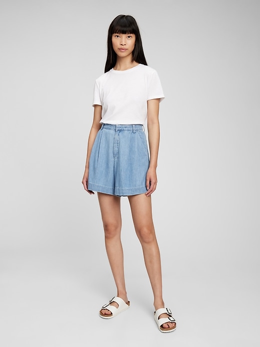 Image number 1 showing, High Rise Pleated Chambray Shorts with Washwell