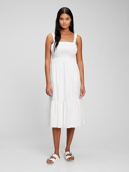 1 of 8 showing, with the color optic white of product Smocked Midi Tank Dress