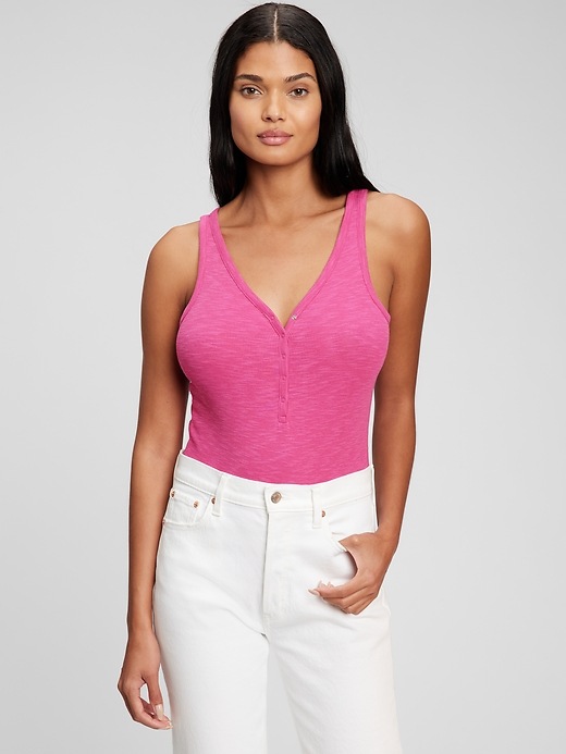 1 of 8 showing, with the color new fuchsia pink of product Henley Rib Bodysuit