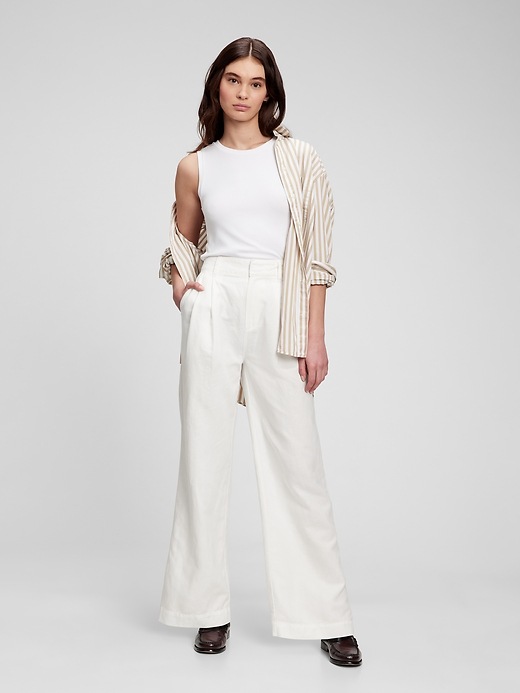 Image number 8 showing, High Rise Linen-Cotton Pleated Wide Leg Pants with Washwell