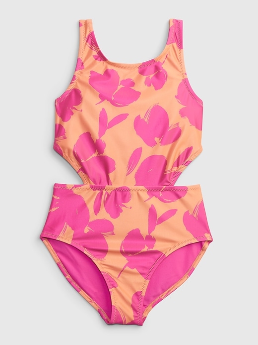 1 of 8 showing, with the color orange neon coral of product Kids Recycled Cutout Swim One-Piece